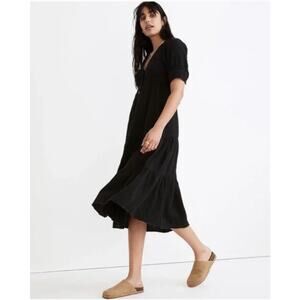 NEW! Madewell Lightspun Button-Front Tiered Midi Dress in TRUE BLACK (14)